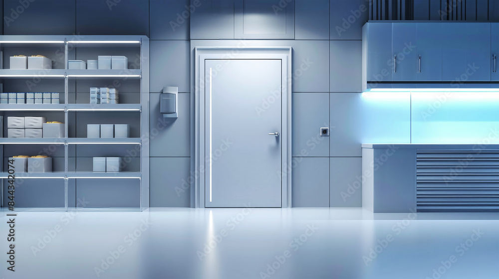 A sterile, industrial refrigerated room for food storage, featuring a large, white door leading into the freezer, and shelves lined with boxes of frozen goods A sterile, industrial refrigerated room for food storage, featuring a large, white door leading into the freezer, and shelves lined with boxes of frozen goods