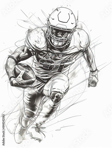 Playing american football, black and white illustration depicts professional football player in full gear, dynamic action, energetically running with ball. Pencil sketch captures movement. Copy space