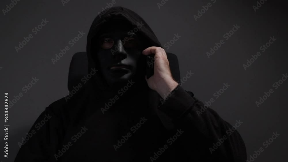 A man in a mask talking on the phone, spy handling secret information, fake identity being used, dark scheme being executed. A man in a mask talking on the phone, spy handling secret information, fake identity being used, dark scheme being executed.