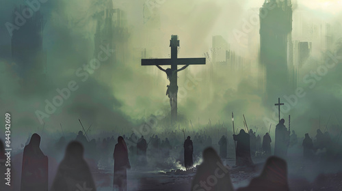 A digital painting depicting Jesus on the cross, silhouetted against a misty cityscape. A crowd of figures gather around, their faces obscured by the fog photo
