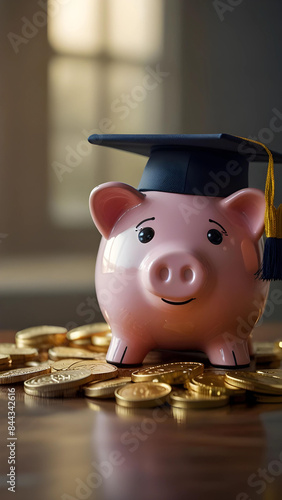 Piggy bank wearing a graduation cap on a pile of coins