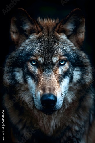 a portrait of a wolf with blue eyes and black background