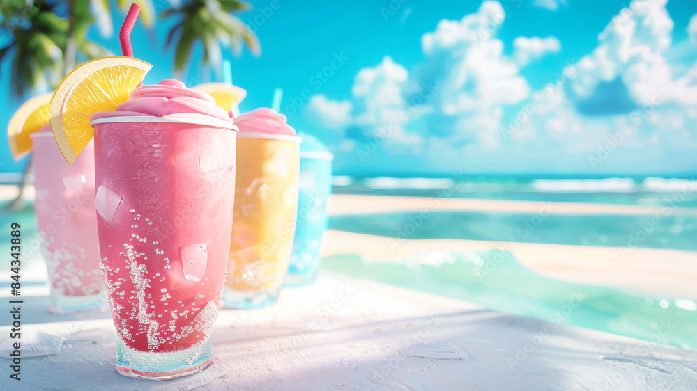 Obraz premium Four colorful smoothies, adorned with lemon slices and straws, stand ready to quench thirst on a picturesque tropical beach
