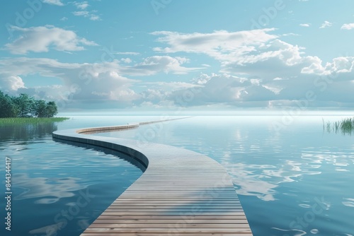 A boardwalk with a unique geometric design  floating over a calm lake with clear blue skies and gentle waves