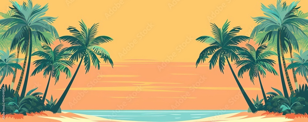 Festive Palm Trees flat design side view tropical theme cartoon drawing Splitcomplementary color scheme Festive Palm Trees flat design side view tropical theme cartoon drawing Splitcomplementary color scheme