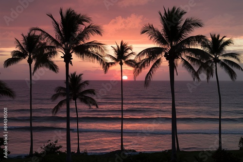 Sunset on the seacoast with silhouettes of palm trees