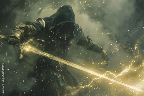Epic fantasy warrior in a dark cloak wielding a glowing golden sword, surrounded by magical sparks in a mystical, foggy forest.