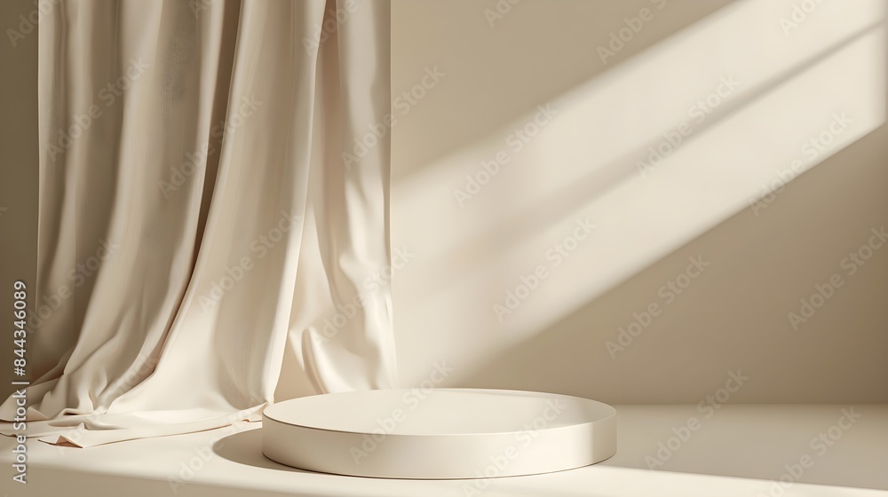3D display podium, beige background with pedestal nude color silk cloth curtain. Beauty 3D display podium, beige background with pedestal nude color silk cloth curtain. Beauty