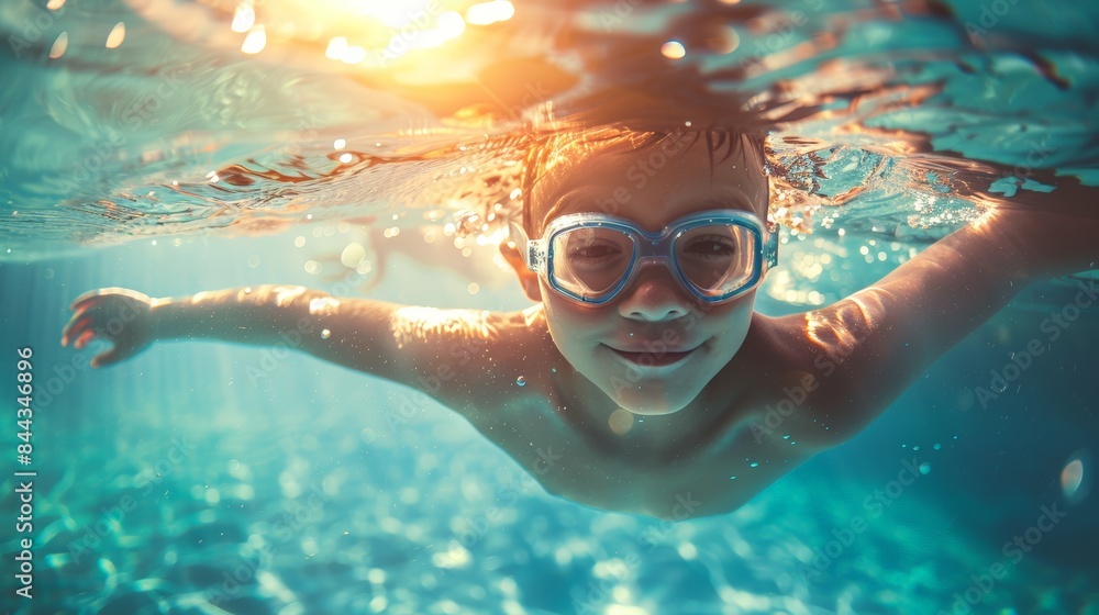 Naklejka premium Cute smiling child having fun swimming and diving in the pool at the resort on summer vacation. Sun shines under water and sparkling water reflection. Activities and sports to happy kid