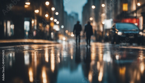 A bustling city street in the rain, with reflections on the wet pavement,   © abu