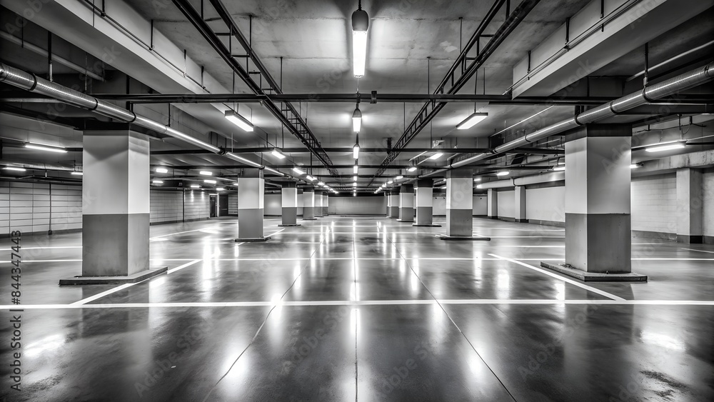 Empty underground parking in black and white with lights Empty underground parking in black and white with lights