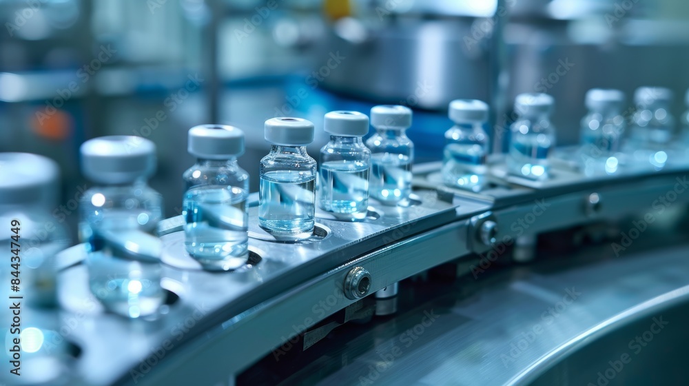 Medical vials on production line at pharmaceutical factory, Pharmaceutical machine working pharmaceutical glass bottles production line, health care, pandemic Medical vials on production line at pharmaceutical factory, Pharmaceutical machine working pharmaceutical glass bottles production line, health care, pandemic