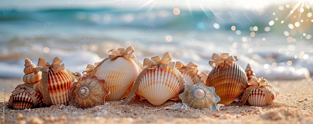 Beautiful seashells decorated with tiny Christmas bows and glitter, arranged on a sandy beach with ocean waves in the background, isolated white background, copy space Beautiful seashells decorated with tiny Christmas bows and glitter, arranged on a sandy beach with ocean waves in the background, isolated white background, copy space