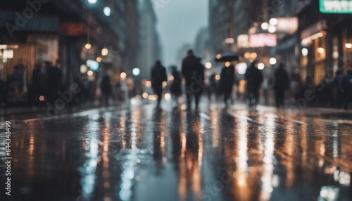 A bustling city street in the rain, with reflections on the wet pavement,   © abu