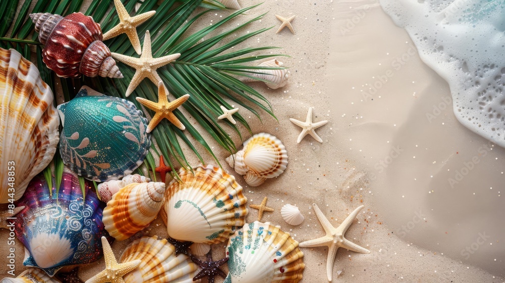 Festive seashells painted with holiday designs and sparkles, scattered on the sand with starfish and a tropical beach backdrop, isolated white background, copy space Festive seashells painted with holiday designs and sparkles, scattered on the sand with starfish and a tropical beach backdrop, isolated white background, copy space