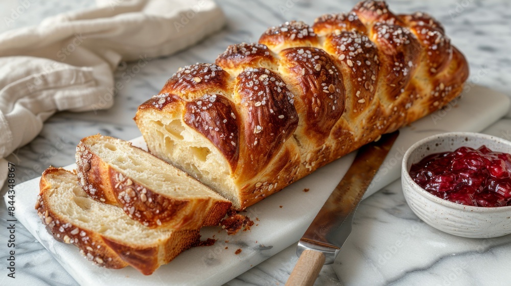 Brioche: A loaf of buttery, soft brioche with a shiny golden top, partially sliced, with a small dish of homemade jam. Traditional French bread. Brioche: A loaf of buttery, soft brioche with a shiny golden top, partially sliced, with a small dish of homemade jam. Traditional French bread.