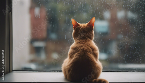 A cat sitting on a windowsill, watching the rain fall outside 