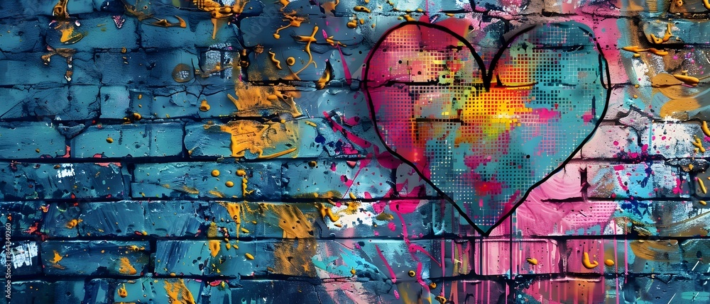 Fototapeta premium Vibrant Punk Pop Heart Graffiti Spray Painted Urban Wall Background