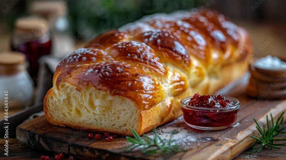 Brioche: A loaf of buttery, soft brioche with a shiny golden top, partially sliced, with a small dish of homemade jam. Traditional French bread. Brioche: A loaf of buttery, soft brioche with a shiny golden top, partially sliced, with a small dish of homemade jam. Traditional French bread.