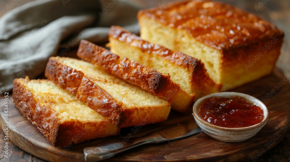 Brioche: A loaf of buttery, soft brioche with a shiny golden top, partially sliced, with a small dish of homemade jam. Traditional French bread. Brioche: A loaf of buttery, soft brioche with a shiny golden top, partially sliced, with a small dish of homemade jam. Traditional French bread.