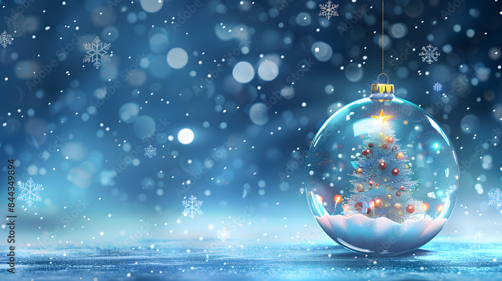 Christmas tree toy inside glass ball on blue background with snowflakes and lights. Christmas decoration concept. Abstract illustration of New Year celebration. space for text Christmas tree toy inside glass ball on blue background with snowflakes and lights. Christmas decoration concept. Abstract illustration of New Year celebration. space for text