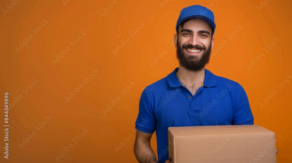 A smiling Courier in a blue uniform holds a cardboard box half image against a yellow background. Describes efficient delivery service and customer satisfaction A smiling Courier in a blue uniform holds a cardboard box half image against a yellow background. Describes efficient delivery service and customer satisfaction