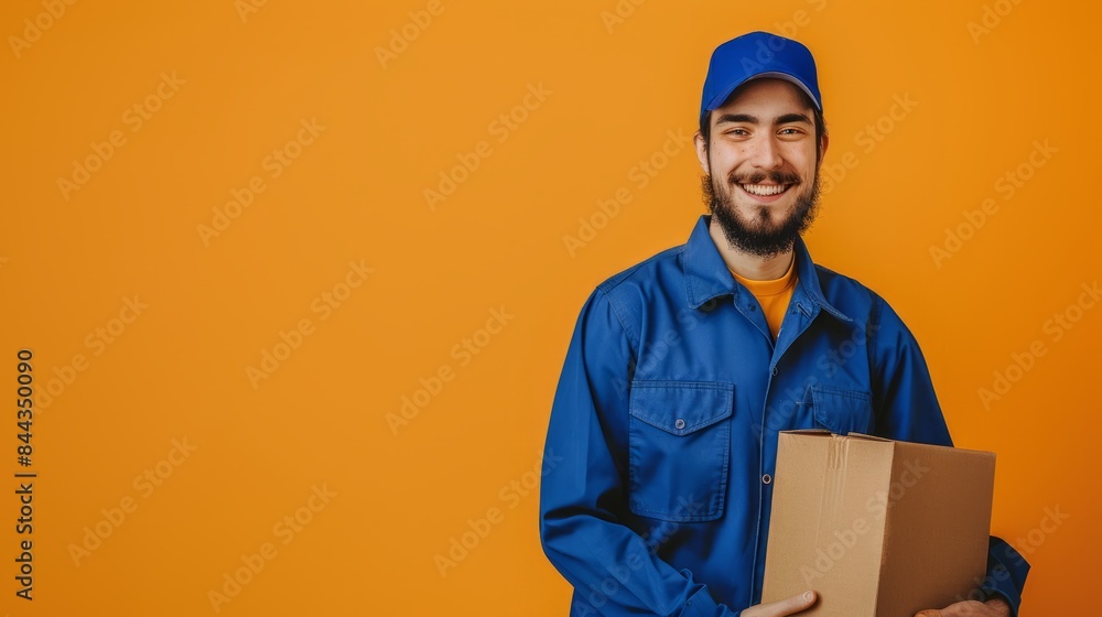 A smiling Courier in a blue uniform holds a cardboard box half image against a yellow background. Describes efficient delivery service and customer satisfaction A smiling Courier in a blue uniform holds a cardboard box half image against a yellow background. Describes efficient delivery service and customer satisfaction