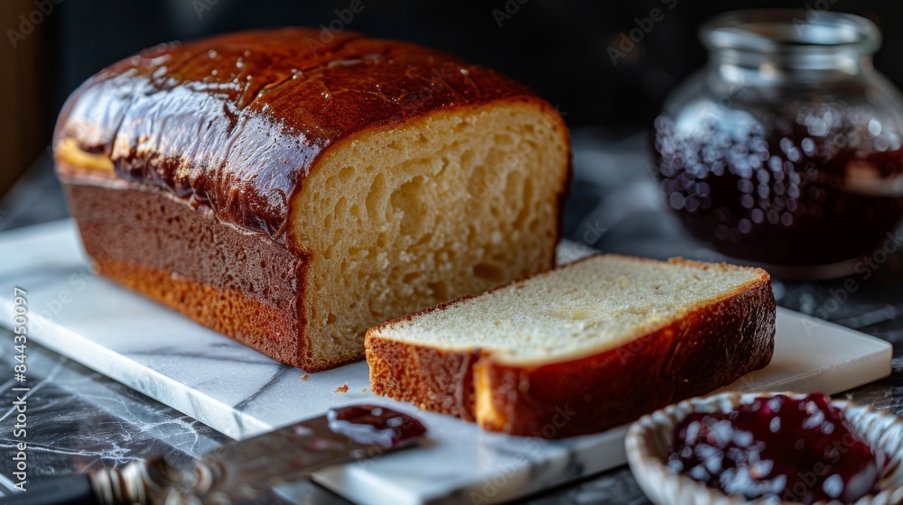 Brioche: A loaf of buttery, soft brioche with a shiny golden top, partially sliced, with a small dish of homemade jam. Traditional French bread. Brioche: A loaf of buttery, soft brioche with a shiny golden top, partially sliced, with a small dish of homemade jam. Traditional French bread.