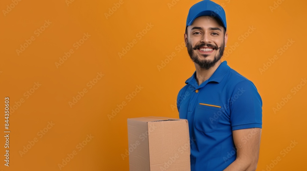 A smiling Courier in a blue uniform holds a cardboard box half image against a yellow background. Describes efficient delivery service and customer satisfaction A smiling Courier in a blue uniform holds a cardboard box half image against a yellow background. Describes efficient delivery service and customer satisfaction