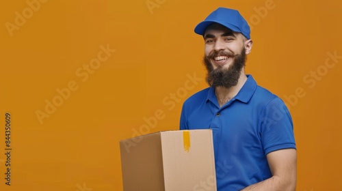 A smiling Courier in a blue uniform holds a cardboard box half image against a yellow background. Describes efficient delivery service and customer satisfaction