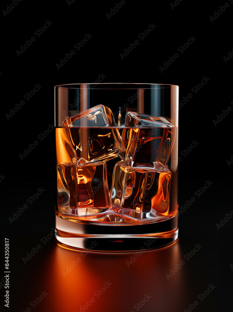 Cognac with ice in a transparent glass on a black background Cognac with ice in a transparent glass on a black background