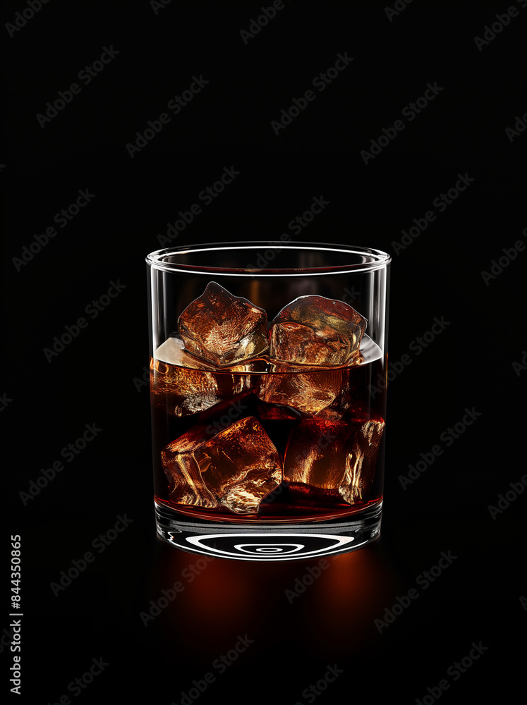 Cognac with ice in a transparent glass on a black background Cognac with ice in a transparent glass on a black background