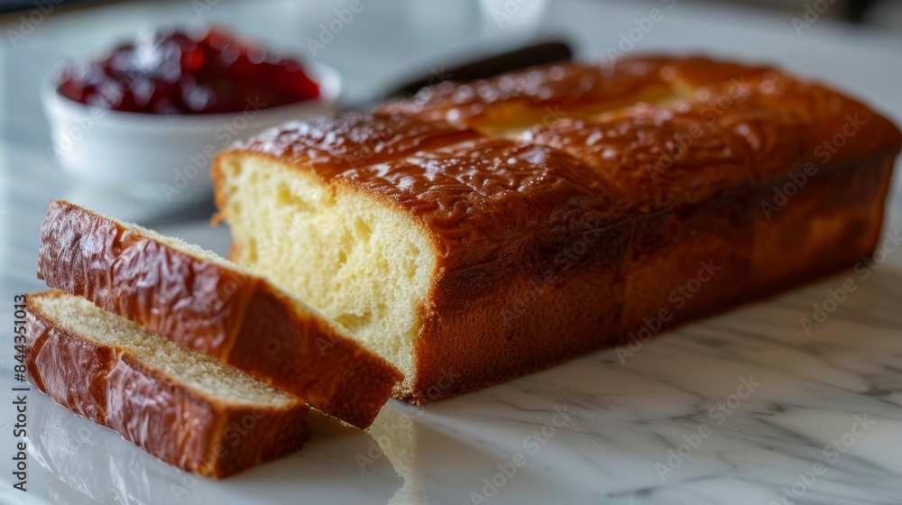 Brioche: A loaf of buttery, soft brioche with a shiny golden top, partially sliced, with a small dish of homemade jam. Traditional French bread. Brioche: A loaf of buttery, soft brioche with a shiny golden top, partially sliced, with a small dish of homemade jam. Traditional French bread.