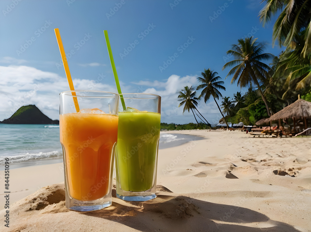 Coconut palm trees and Juice drinks on a tropical beach. Coconut palm trees and Juice drinks on a tropical beach.