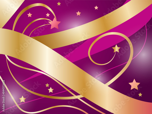 Abstract background with purple pink and gold, stripes in the form of waves, stars.