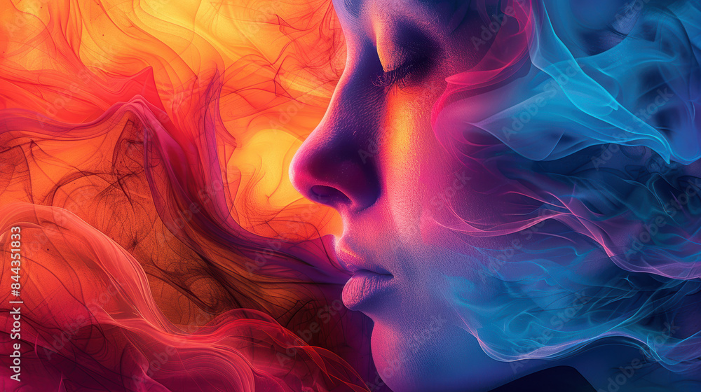 Abstract digital art of a serene face with vibrant swirls of orange and blue hues, blending seamlessly in a dream-like composition. Abstract digital art of a serene face with vibrant swirls of orange and blue hues, blending seamlessly in a dream-like composition.