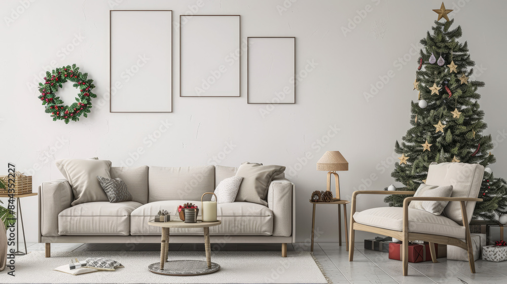 Cozy Christmas living room with beige sofa and armchair. It is decorated with wreath, stars, gifts, and decorations. The mock-up poster frames are empty. Cozy Christmas living room with beige sofa and armchair. It is decorated with wreath, stars, gifts, and decorations. The mock-up poster frames are empty.