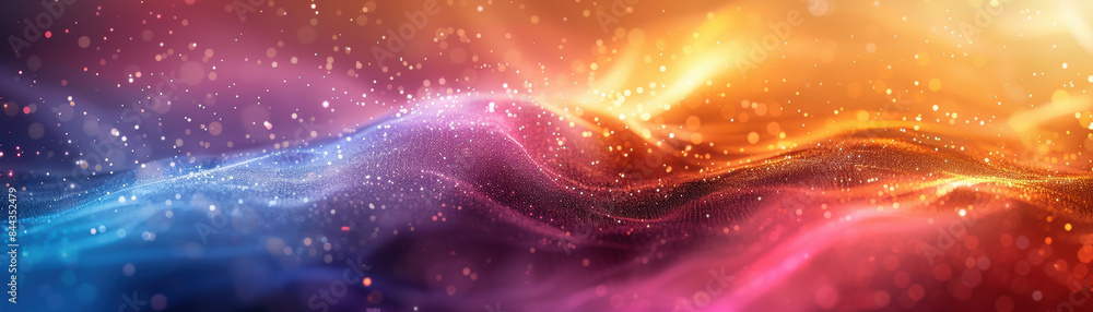 Fototapeta premium Vivid abstract digital waves with glowing particles on colorful gradient background. Futuristic technology design with vibrant hues and flowing forms.