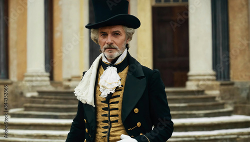 aristocratic man wear luxury three piece suit, top hat in style 18th, 19th nineteenth century. male wearing white gloves holding cane. Fashion portrait of old male  on  palce background. Elegant man