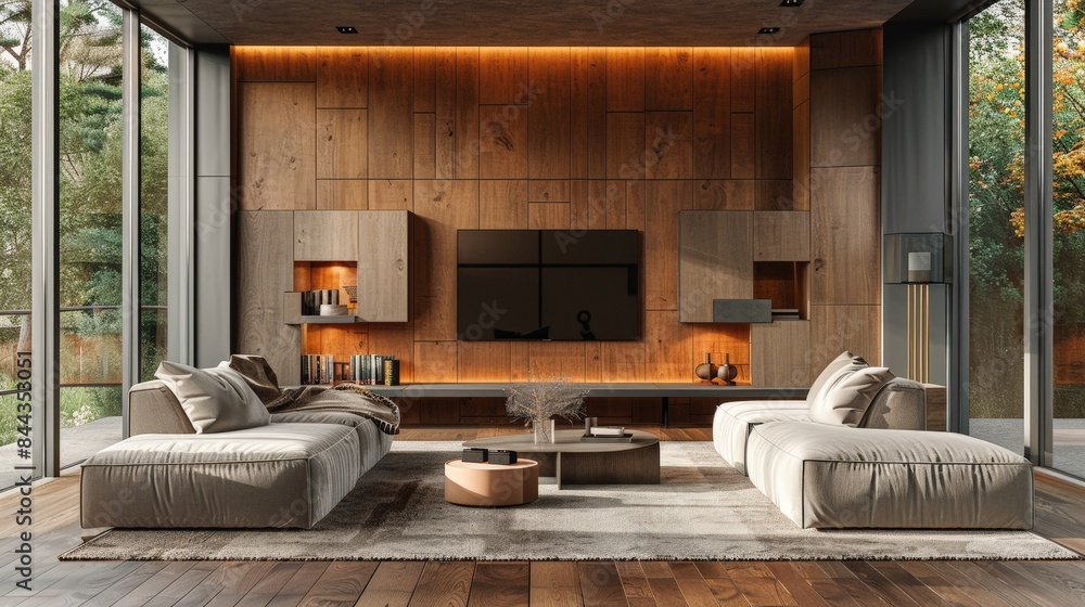 Obraz premium Contemporary Living Room with Wood Paneling and Minimalist Decor for Cozy Elegance