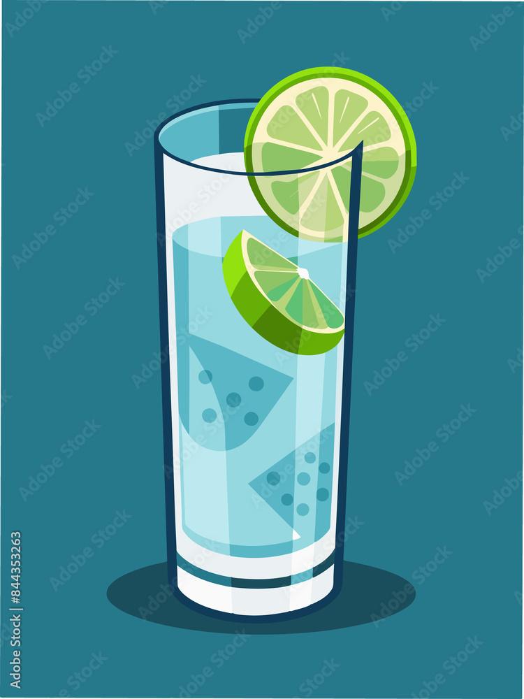 A highball glass with a gin and tonic, garnished with lime A highball glass with a gin and tonic, garnished with lime