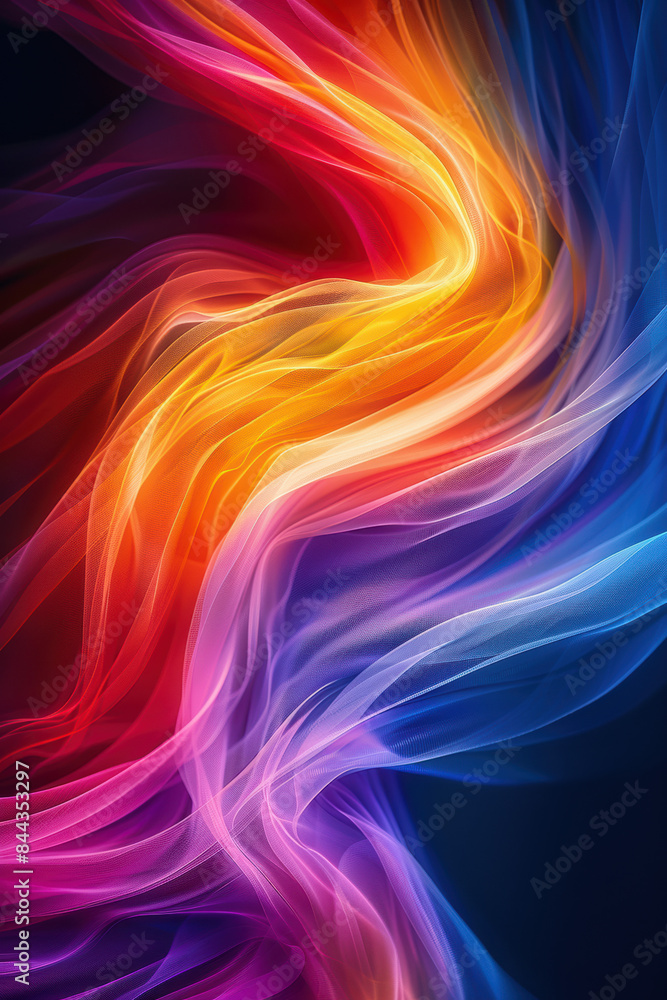 Naklejka premium Vibrant abstract background with flowing colorful wavy lines in red, orange, yellow, pink, and blue tones, creating a dynamic and energetic visual effect.