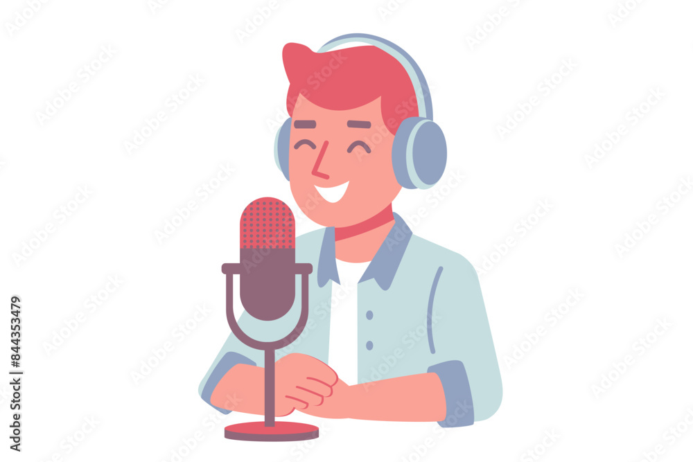 Podcast Host Illustration with Microphone and Headphones isolate on white background Podcast Host Illustration with Microphone and Headphones isolate on white background