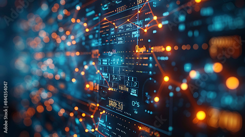 Closeup shot of various graphs numbers styled as medical imaging film featuring intertwined networks blurred forms and clear edge definition