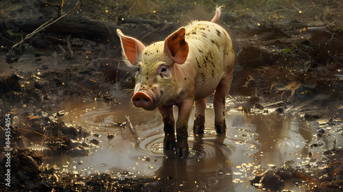 Young pig playing in muddy puddle in the farmyard, enjoying the wet conditions and natural surroundings.