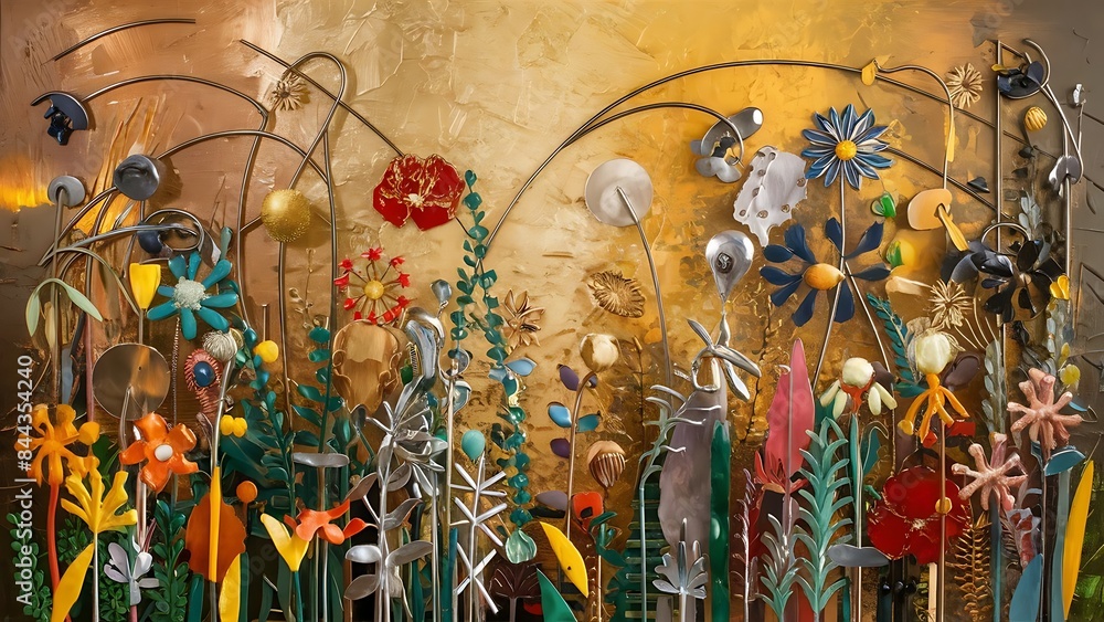Naklejka premium An abstract painting with metal elements a texture background flowers and plants in the background