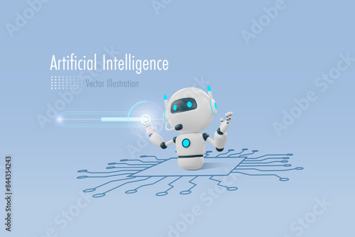 AI chat robot touch digital download bar on circuit board. Artificial intelligence technology revolution and development, machine learning. Implement of robotic science research. 3D vector.