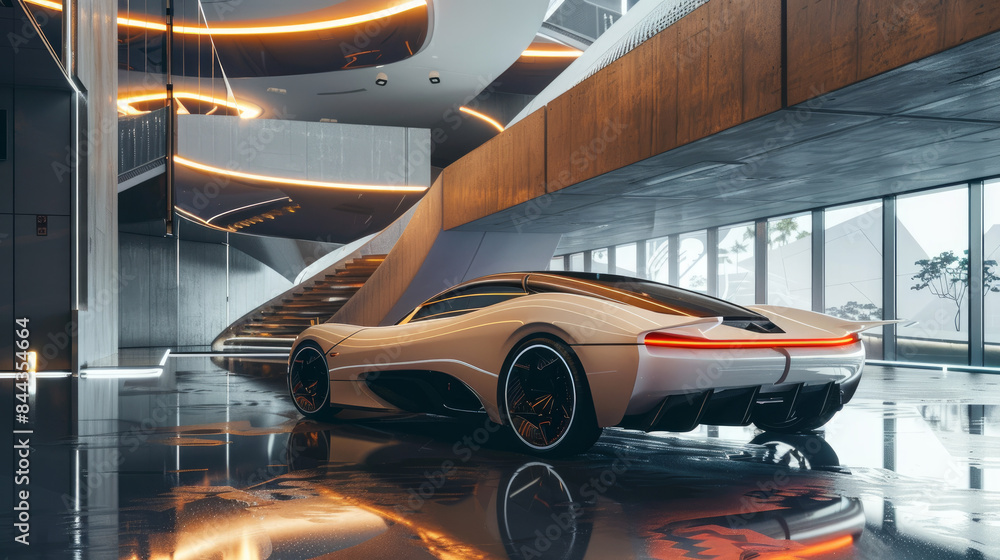 Fototapeta premium Modern car in futuristic building with concrete floor.