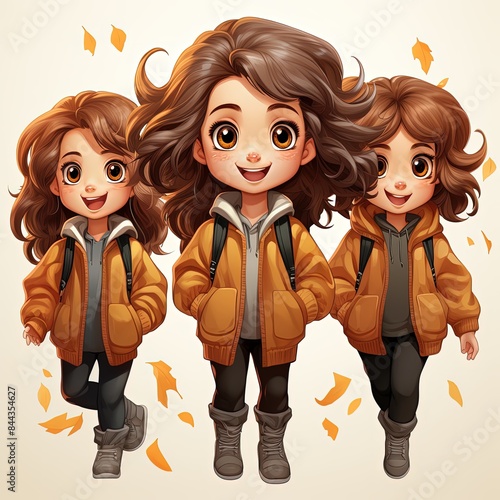 littile girl character, multiple 3 pose and expression, children's book illustration style, simple, cute, 5 years old girl, wear of autumn season, long hair, full color, flat vector illustration photo