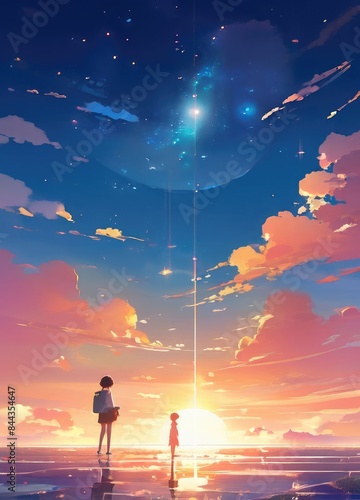 illustration of a lone person at night by moonlight in anime and cartoon style.